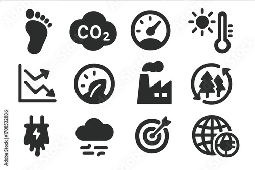 Environmental Impact Icons. Solid style icons of environmental impact: carbon footprint, CO2 symbol, air quality meter, climate
