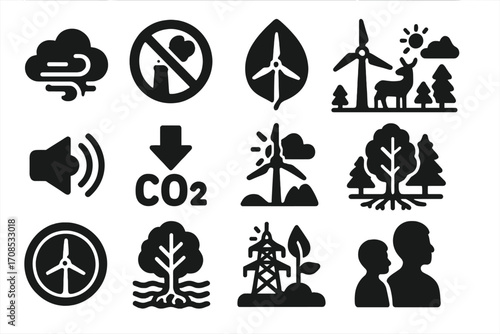 Wind Energy Benefits. Solid style icons of environmental benefits of wind: clean air icon, no emissions symbol, green leaf with