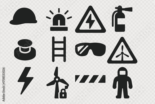 Wind Energy Safety Icons. Solid style icons of wind energy safety: helmet icon, wind alarm siren, danger high voltage sign, fire