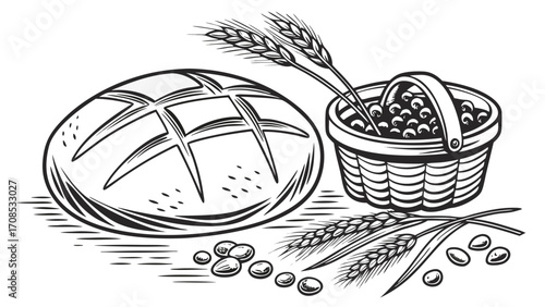 vintage bread wheat basket line drawing rustic bakery illustration engraving style isolated on white background.