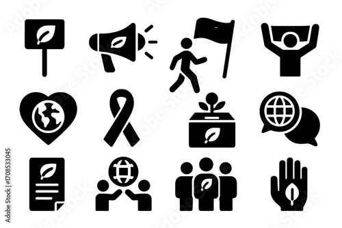 Environmental Icons. Solid style icons of environmental activism: protest sign, megaphone with leaf, global march icon, activist