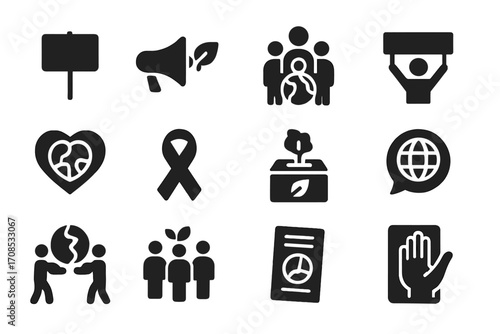 Environmental Icons. Solid style icons of environmental activism: protest sign, megaphone with leaf, global march icon, activist