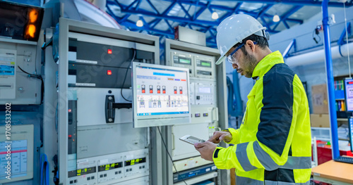 Electrical engineer woman checking voltage at the Power Distribution Cabinet in the control room,preventive maintenance Yearly,Thailand Electrician working at company