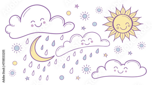 cute hand drawn weather doodle illustration with kawaii clouds sun moon raindrops snowflakes isolated on white background.