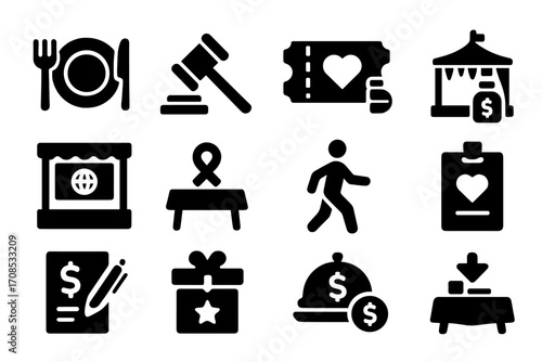 Event Donation Icons. Solid style icons of event-based donations: fundraiser dinner plate, charity auction gavel, ticket with