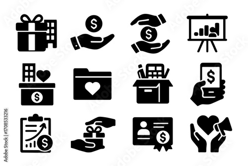 Corporate Donation Icons. Solid style icons of business and corporate donations: company gift icon, business hand with donation,