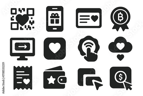 Digital Donation Icons. Solid style icons of digital donations: QR code with heart, mobile phone with gift symbol, online form