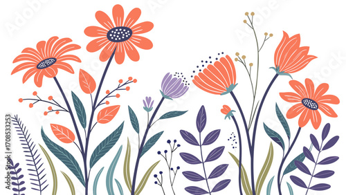wildflower garden botanical illustration with coral blooms and purple foliage isolated on white background.