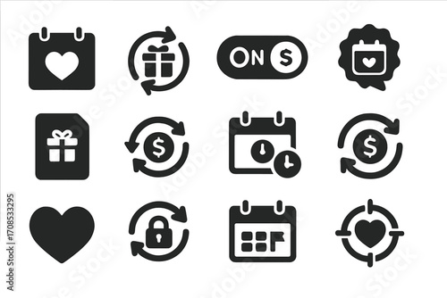 Recurring Donation Icons. Solid style icons of recurring donations: calendar with heart, repeat gift icon, auto-donate switch,