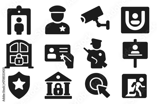 Courtroom Security Icons. Solid style icons of courtroom security: security screening arch, bailiff with badge, courtroom camera