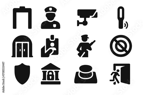 Courtroom Security Icons. Solid style icons of courtroom security: security screening arch, bailiff with badge, courtroom camera