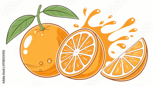 fresh oranges with juice splash citrus fruit vitamin c illustration degn and isolated on white background.