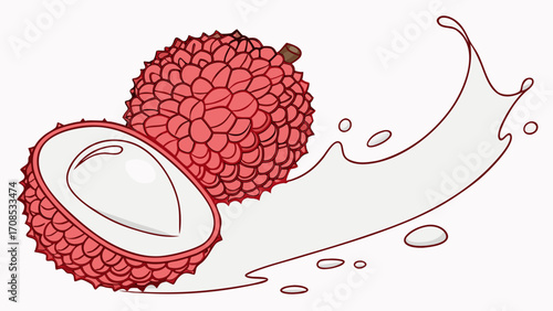  fresh lychee fruits with flowing liquid splash exotic tropical illustration design.