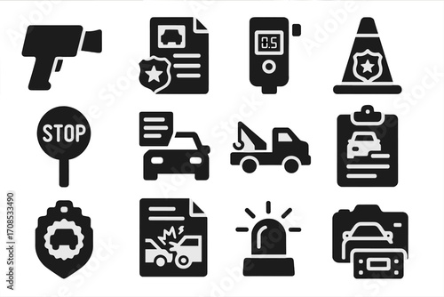 Traffic Enforcement Icons. Solid style icons of traffic enforcement: radar gun, traffic citation file, breathalyzer device,