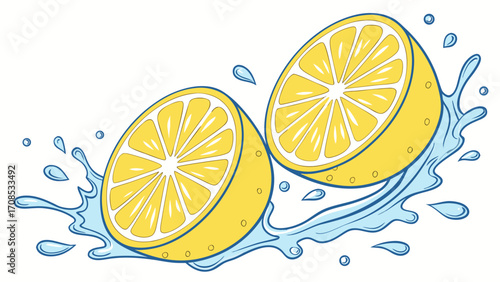 fresh lemon slices with dynamic water splash citrus fruit illustration design.