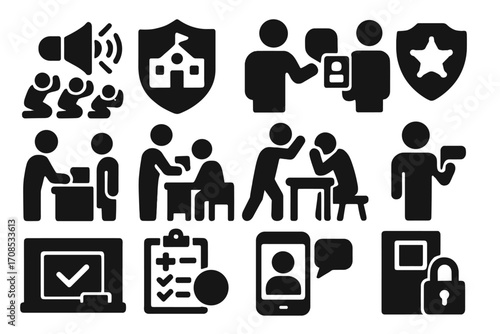 Education Safety Icons. Solid style icons of school and education safety: emergency drill icon, school lockdown shield, ID check