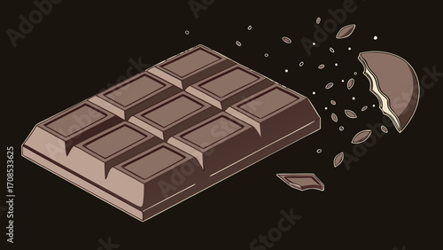 isometric cartoon chocolate bar with one piece broken off and crumbs on a dark background