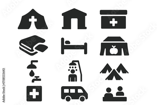 Emergency Shelter Icons. Solid style icons of emergency shelters and aid: tent with cross icon, temporary shelter building,