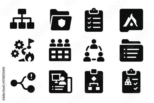 Emergency Response Icons. Solid style icons of emergency response planning: incident command chart, emergency management file,