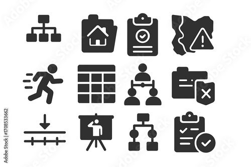 Emergency Response Icons. Solid style icons of emergency response planning: incident command chart, emergency management file,