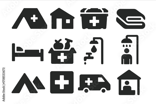 Emergency Shelter Icons. Solid style icons of emergency shelters and aid: tent with cross icon, temporary shelter building,