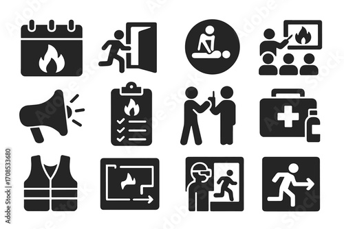 Emergency Drill Icons. Solid style icons of emergency drills and training: fire drill calendar, evacuation training icon, CPR