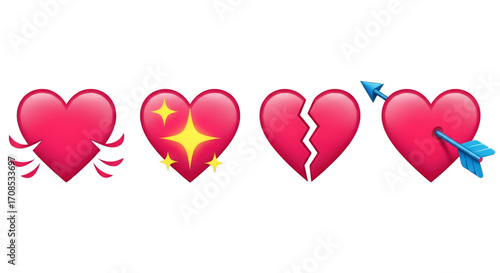 Pink hearts with different embellishments isolated on a transparent background love broken