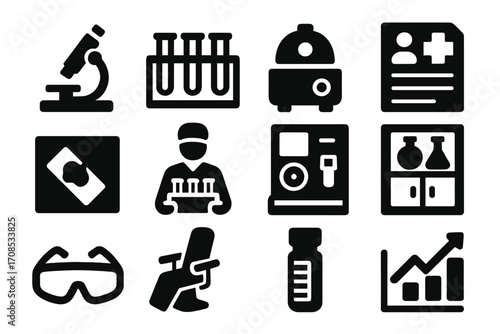 Lab Equipment Icons. Solid style icons of hospital lab and analysis: microscope on desk, test tube rack, blood centrifuge, medical