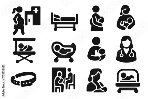 Maternity Care Icons. Solid style icons of maternity and childbirth care: pregnant woman entering hospital, maternity room bed,