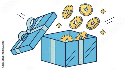  open gift box with golden coins floating out and blue ribbon illustration design and isolated on white background.