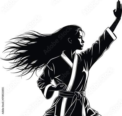 Black and white martial arts silhouette of female fighter in traditional gi uniform performing dynamic pose with flowing hair and belt