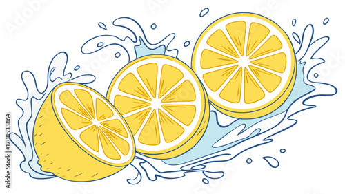 fresh orange slices with blue water splash elements and citrus segments illustration design and isolated on white background.