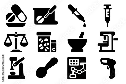 Pharmacy Tools Icons. Solid style icons of pharmacy tools and devices: pill cutter icon, tablet counter tray, medicine dropper