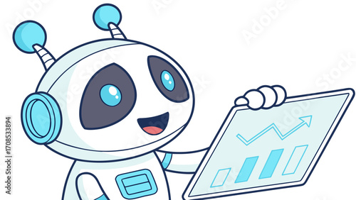 cute robot character working on laptop with data charts and blue accents isolated on white background.