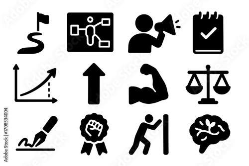 Motivational Therapy Icons. Solid style icons of motivational therapy: goal flag with path, vision board icon, coach with