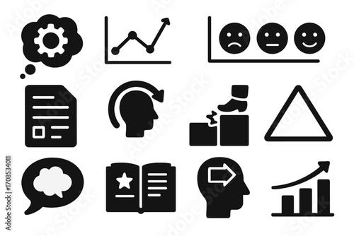 CBT Icons Collection. Solid style icons of cognitive behavioral therapy: thought bubble with gear, behavior chart icon,