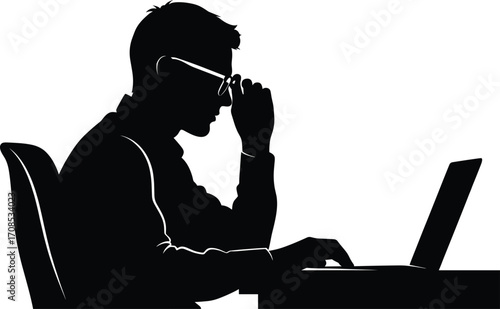 Black and white silhouette of focused person wearing glasses working on laptop at desk in office chair, productivity concept illustration