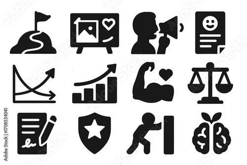 Motivational Therapy Icons. Solid style icons of motivational therapy: goal flag with path, vision board icon, coach with