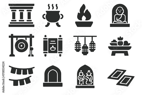 Religious Temple Icons. Solid style icons of religious temple interiors: stone altar, incense burner, ritual fire pit, holy statue