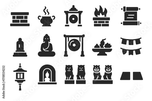 Religious Temple Icons. Solid style icons of religious temple interiors: stone altar, incense burner, ritual fire pit, holy statue