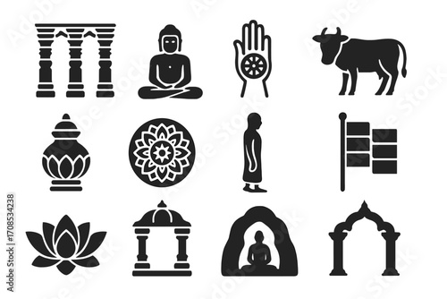 Jain Temple Icons. Solid style icons of Jain temples: ornate marble pillars, seated tirthankara, hand with wheel, sacred cow,