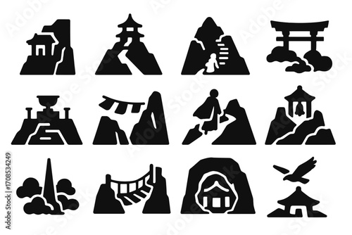 Mountain Temple Icons. Solid style icons of mountain temples: cliffside shrine, mountaintop pagoda, stone stairs, misty torii, sky