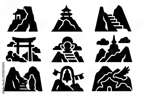 Mountain Temple Icons. Solid style icons of mountain temples: cliffside shrine, mountaintop pagoda, stone stairs, misty torii, sky