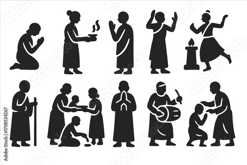 Ancient Temple Worship Icons. Solid style icons of ancient temple worshipers: kneeling figure, incense carrier, hand raised in