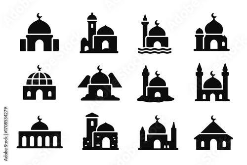 Diverse Mosque Icons. Solid style icons of mosque buildings and exteriors: large central dome mosque, desert mosque with minaret,