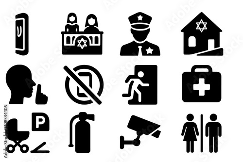Synagogue Safety Icons. Solid style icons of synagogue safety and accessibility: mezuzah at entrance, women’s gallery, security