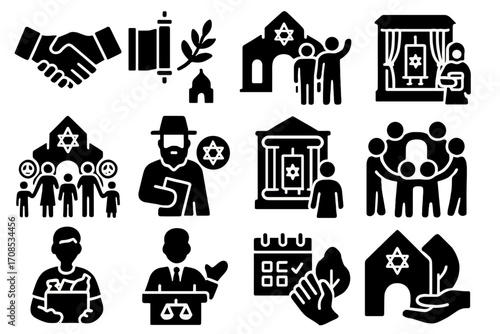Synagogue Outreach Icons. Solid style icons of synagogue outreach and unity: interfaith handshake, Torah and olive branch,