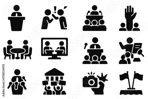 Political Event Icons. Solid style icons of political debates and events: candidate at podium, two people arguing, public town