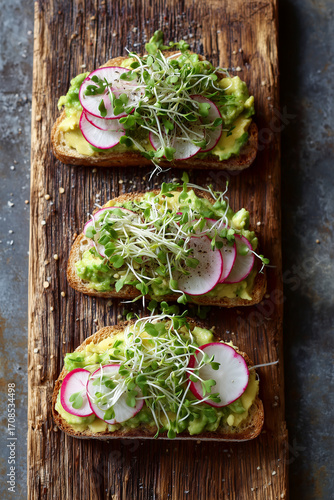Rustic Breadboard with Avocado and Radish Slices