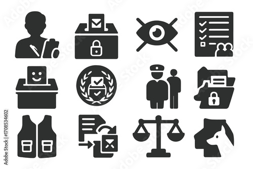 Election Transparency Icons. Solid style icons of election transparency and oversight: observer with clipboard, sealed ballot box,